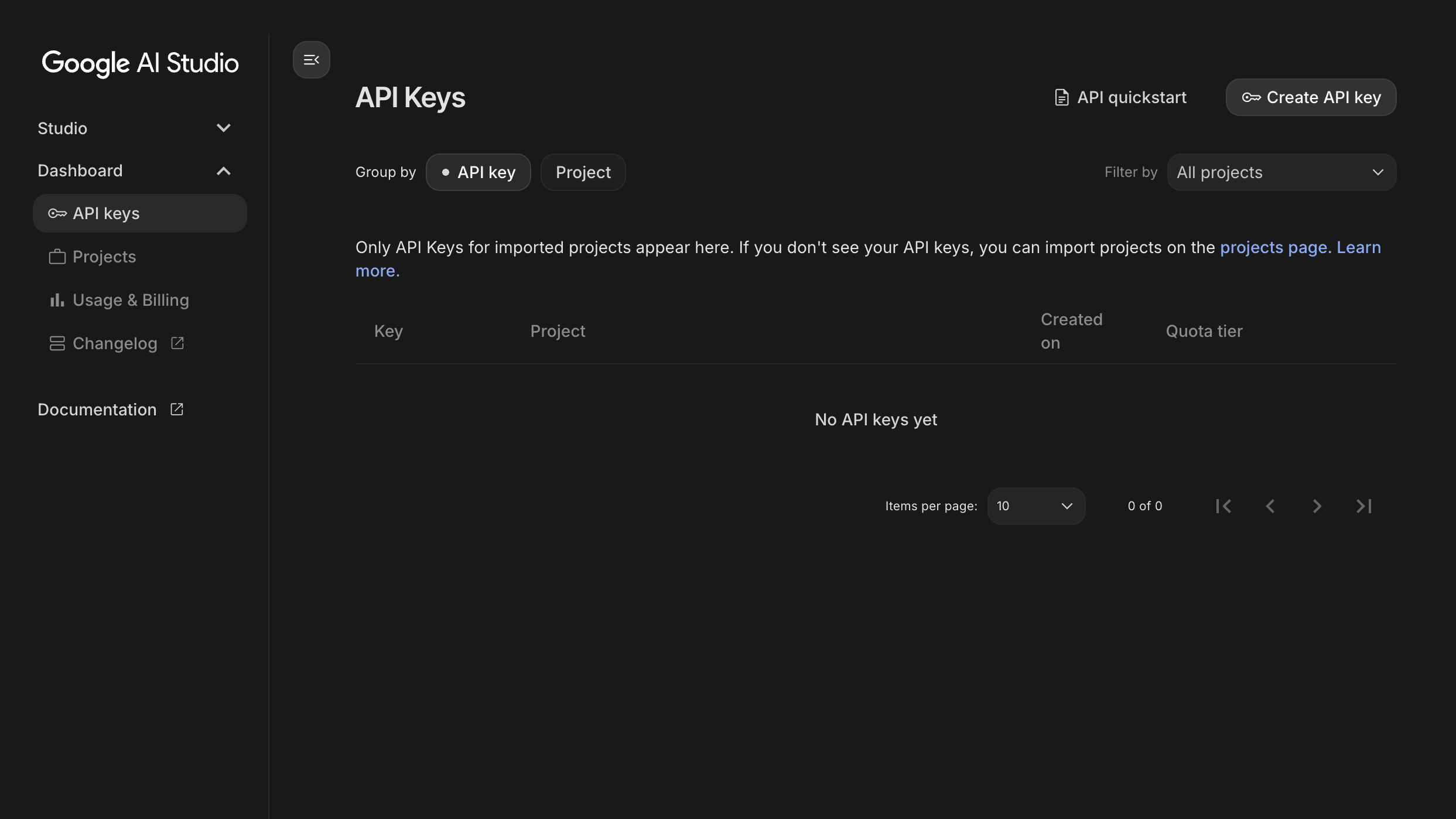 Google AI Studio screen using the 'Api Key' screen