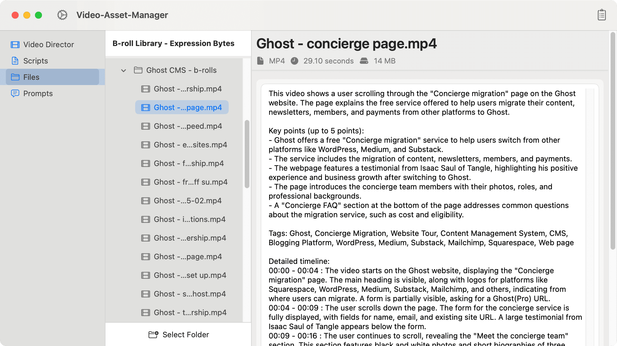 Video Asset Manager screen where users can use AI to get text analysis from their b-roll library